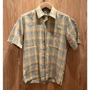 Joseph Abboud Blue Yellow Plaid Short Sleeve Men's Medium Linen Blend